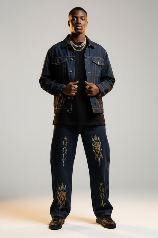 Men's navy barrel-leg jeans with distressed wash and gold emblem patches, button fly