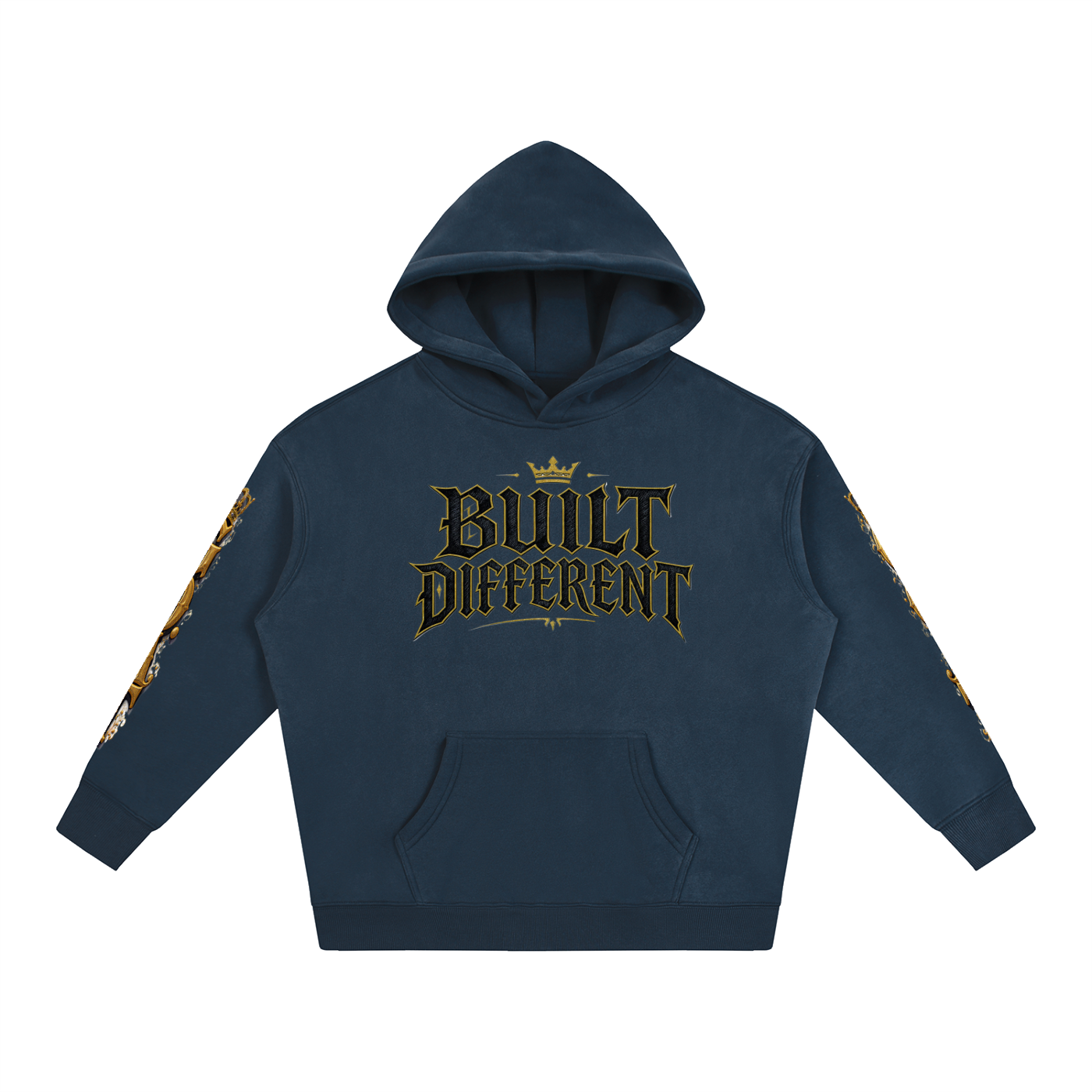 Navy oversized fleece hoodie, front logo: Built Different, hood and kangaroo pocket