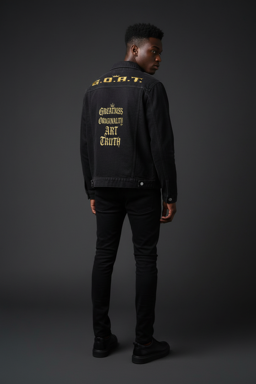 Black denim jacket back print with button front, flap pockets, and long sleeves