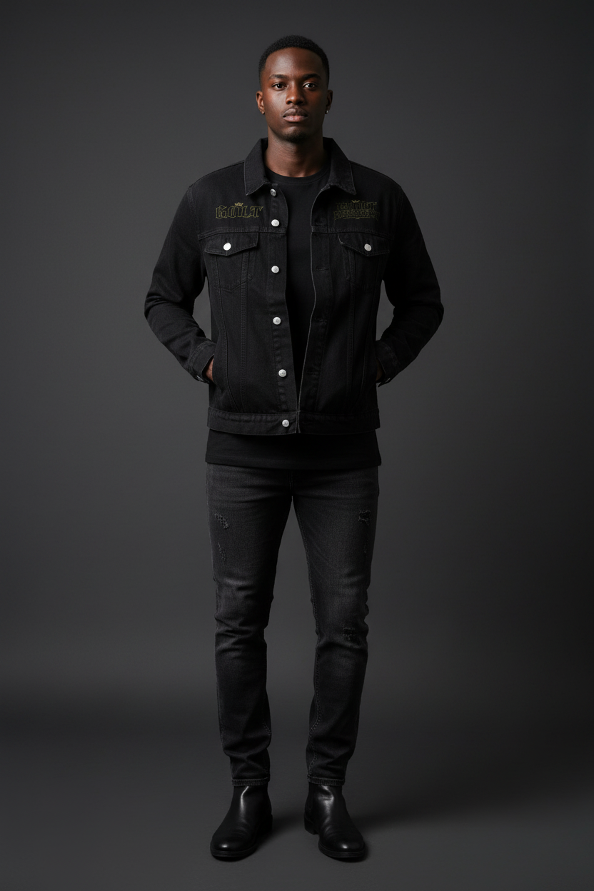 Black vintage wash denim jacket, button front, flap chest pockets, long sleeves