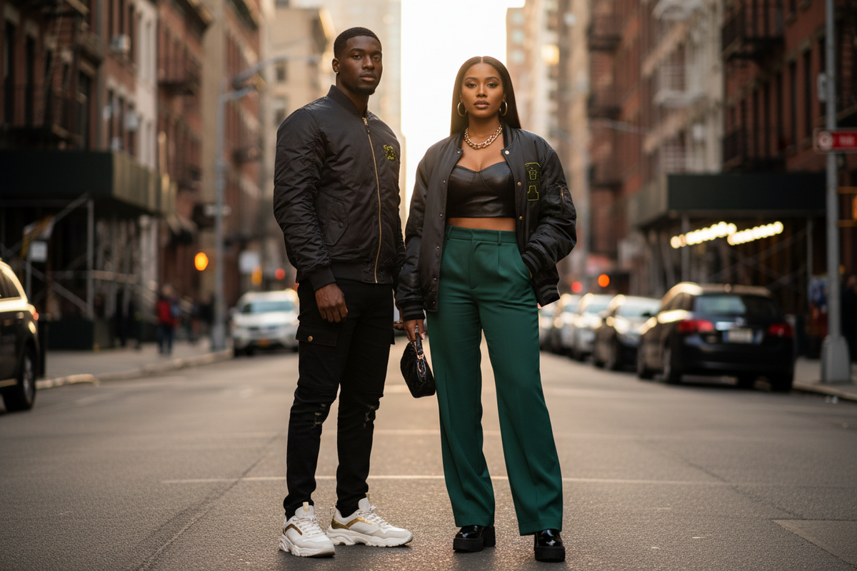 Black bomber jacket with gold zipper and ribbed cuffs, worn by model
