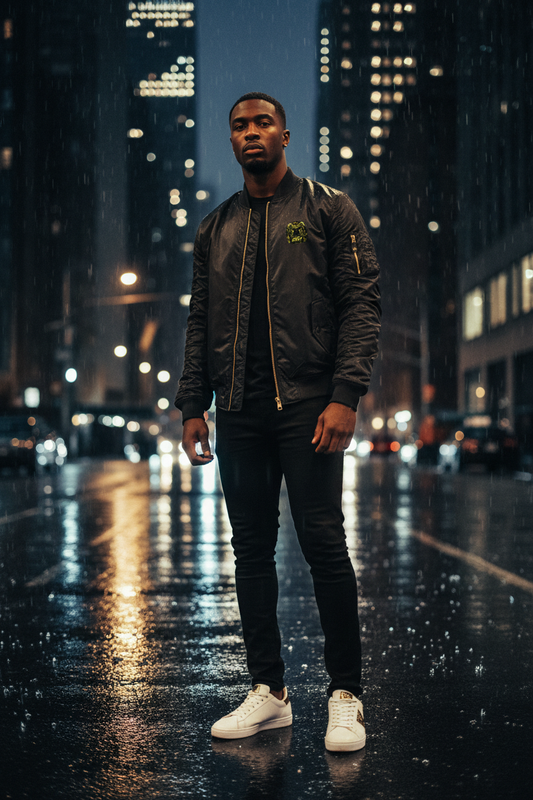 Black bomber jacket with gold zipper and ribbed hem, worn by model