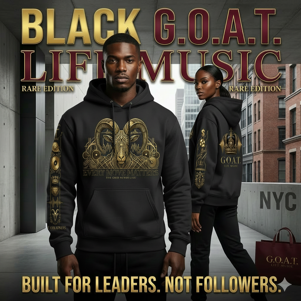 G.O.A.T. black hoodie with gold front ram graphic, worn with maroon hoodie beside it