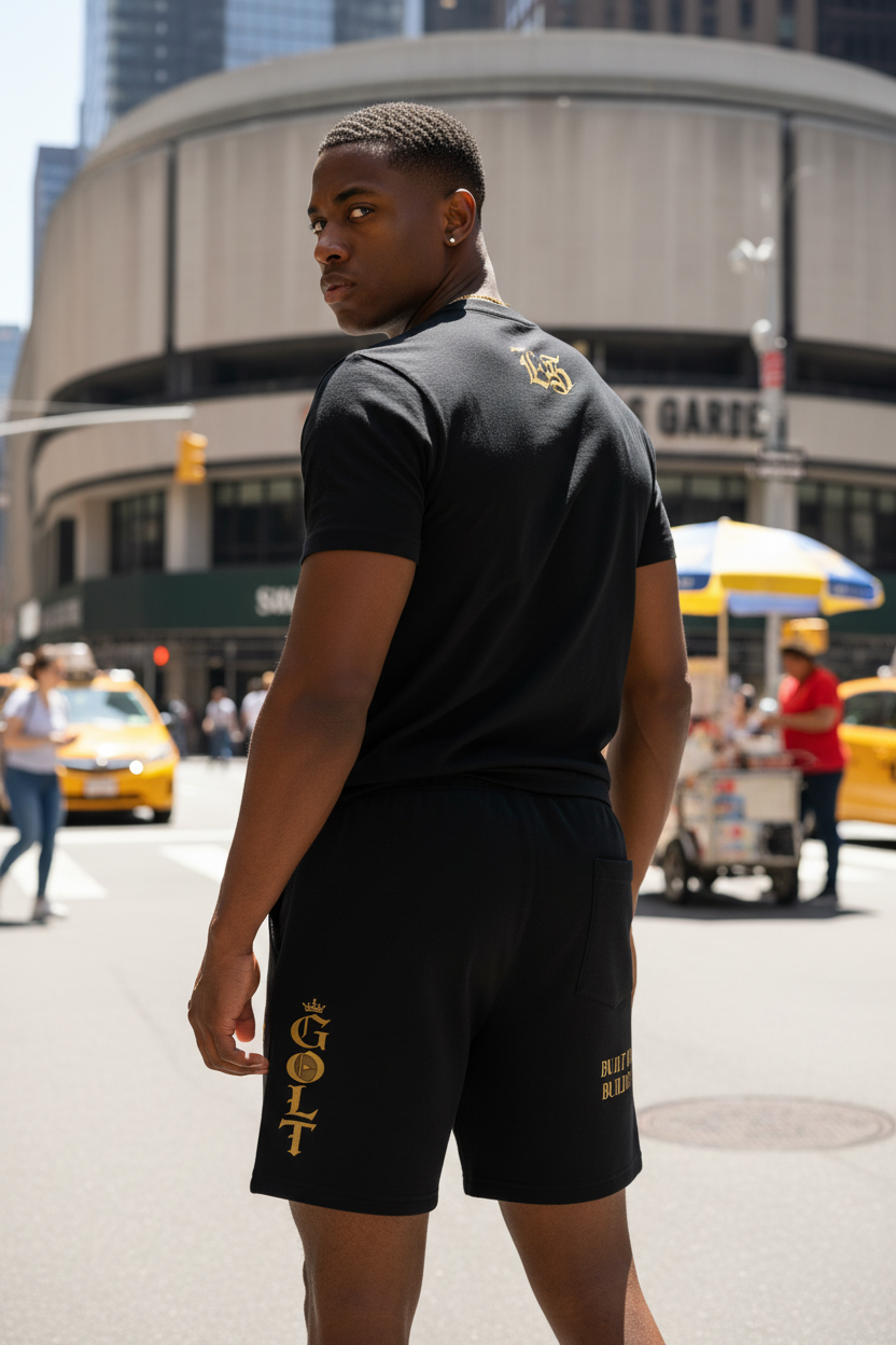 Black loose-fit cotton unisex shorts with gold side logo and small left leg print