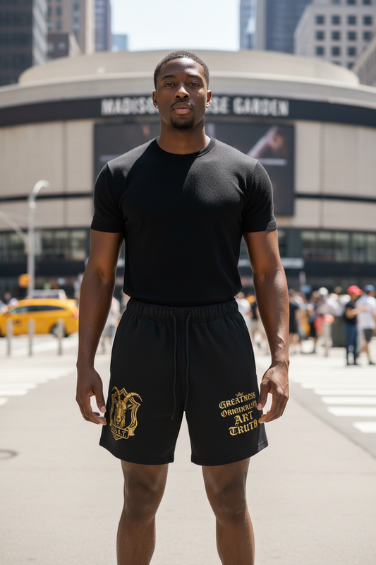 Black loose-fit cotton unisex shorts with gold front and side logo prints
