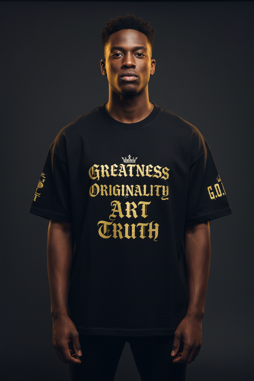 Black oversized cotton T-shirt with gold "Greatness Originality Art Truth" graphic