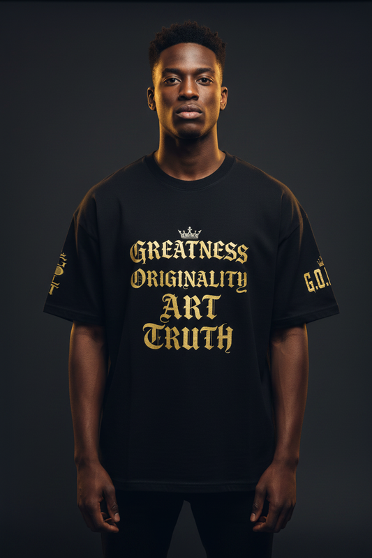 Black oversized cotton T-shirt with gold "Greatness Originality Art Truth" graphic