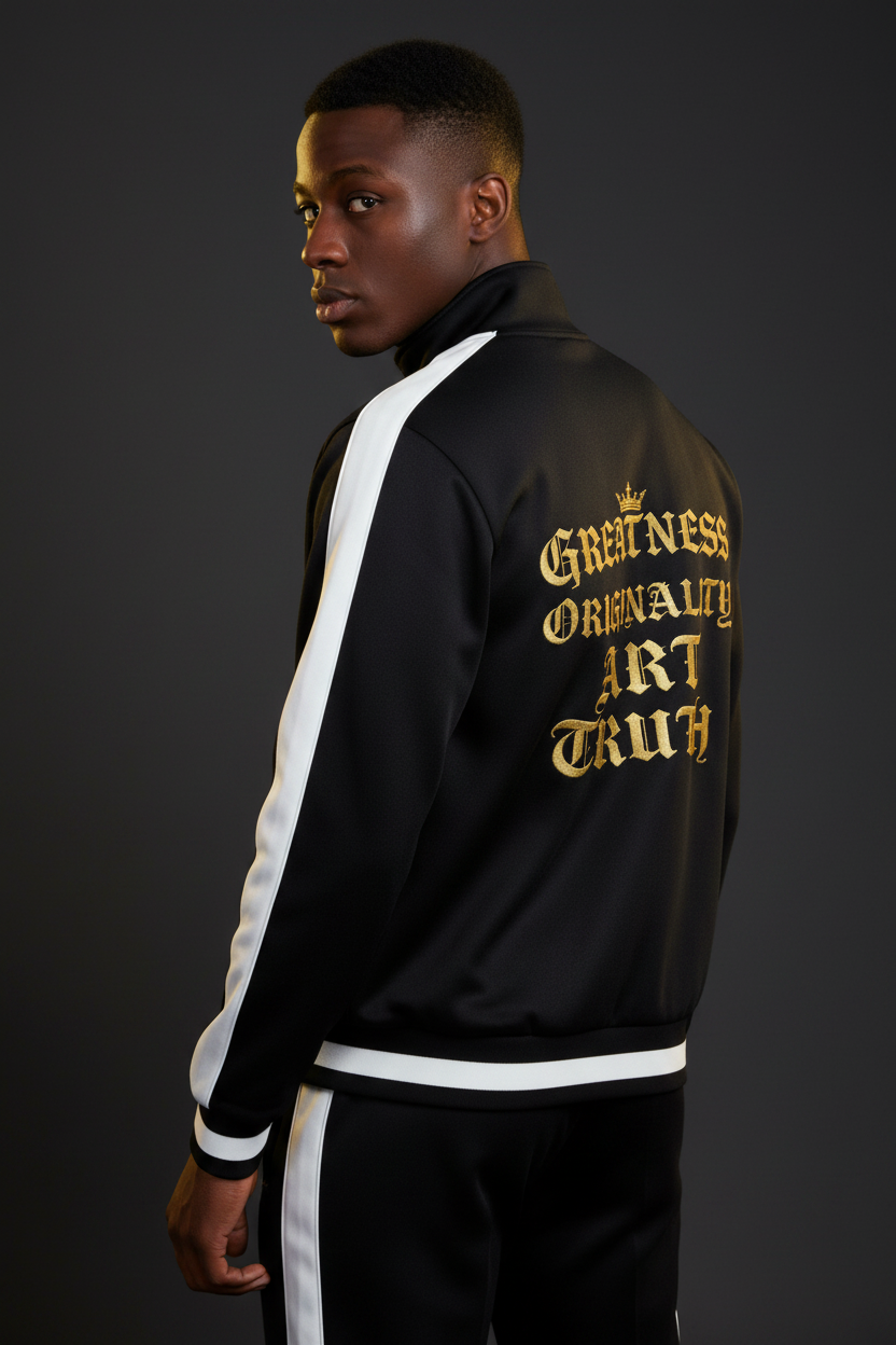 Black cropped fleece track jacket side view with white contrast stripe trim and gold back logo