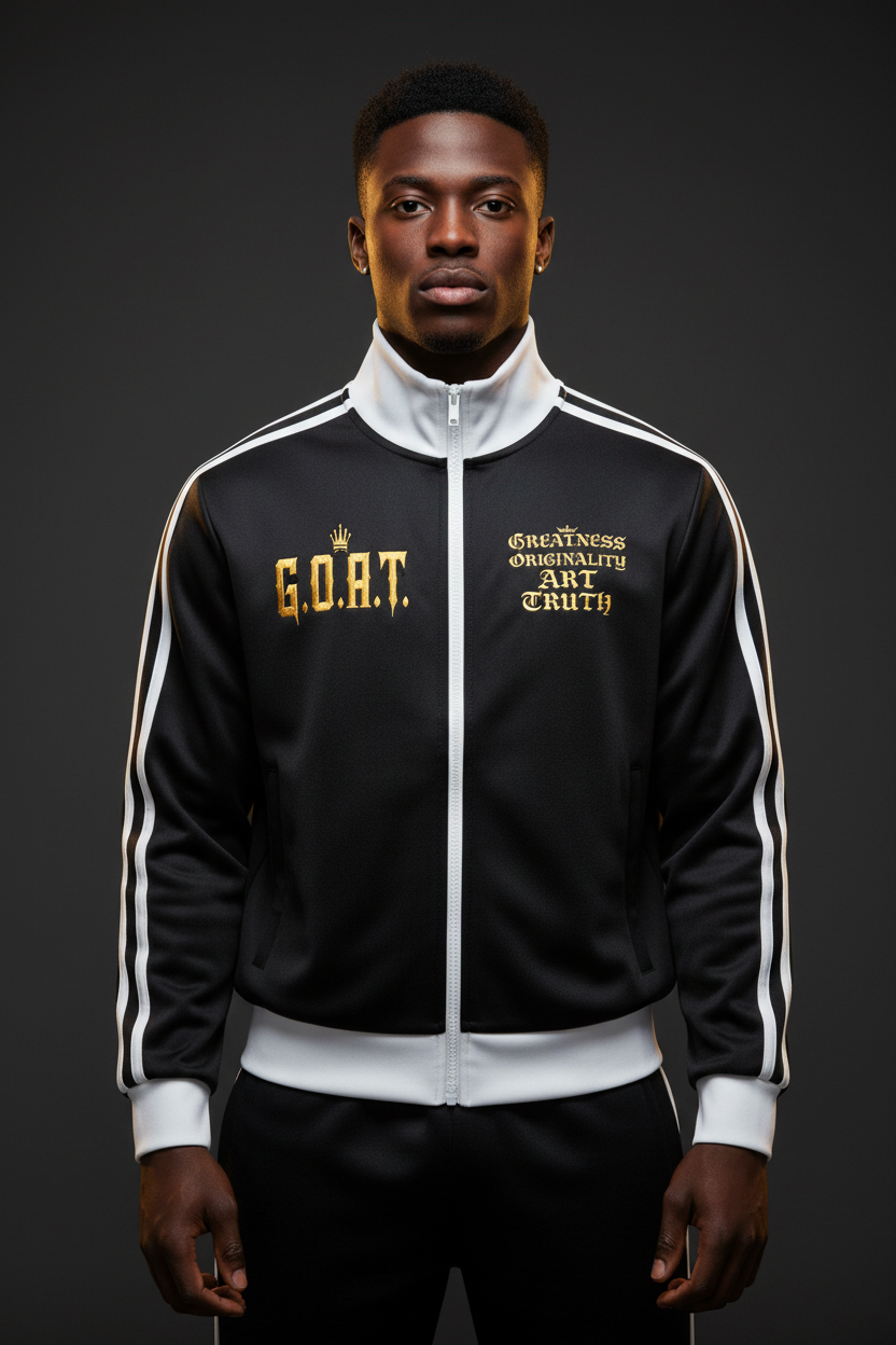 Black cropped fleece track jacket with white contrast stripe sleeves and zip-front stand collar