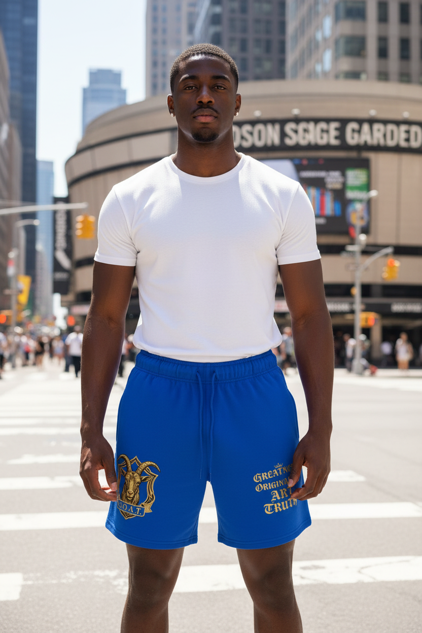 Blue loose-fit cotton unisex shorts with gold front and side logo prints