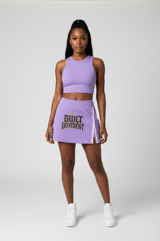 Lavender mini A-line skirt with front logo print and flared side hem