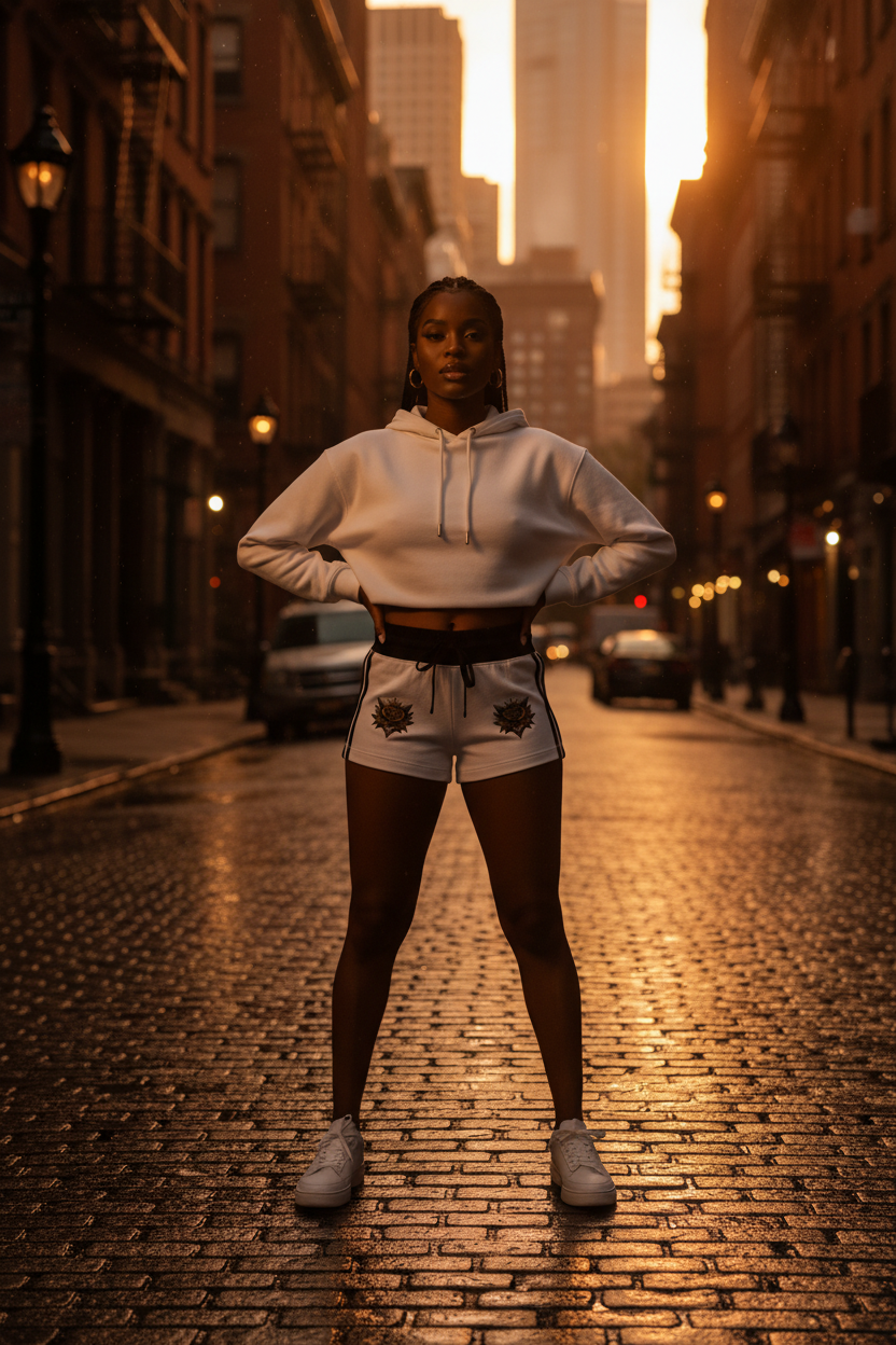 Light gray cropped hoodie with hood strings and front pocket, matching printed shorts set
