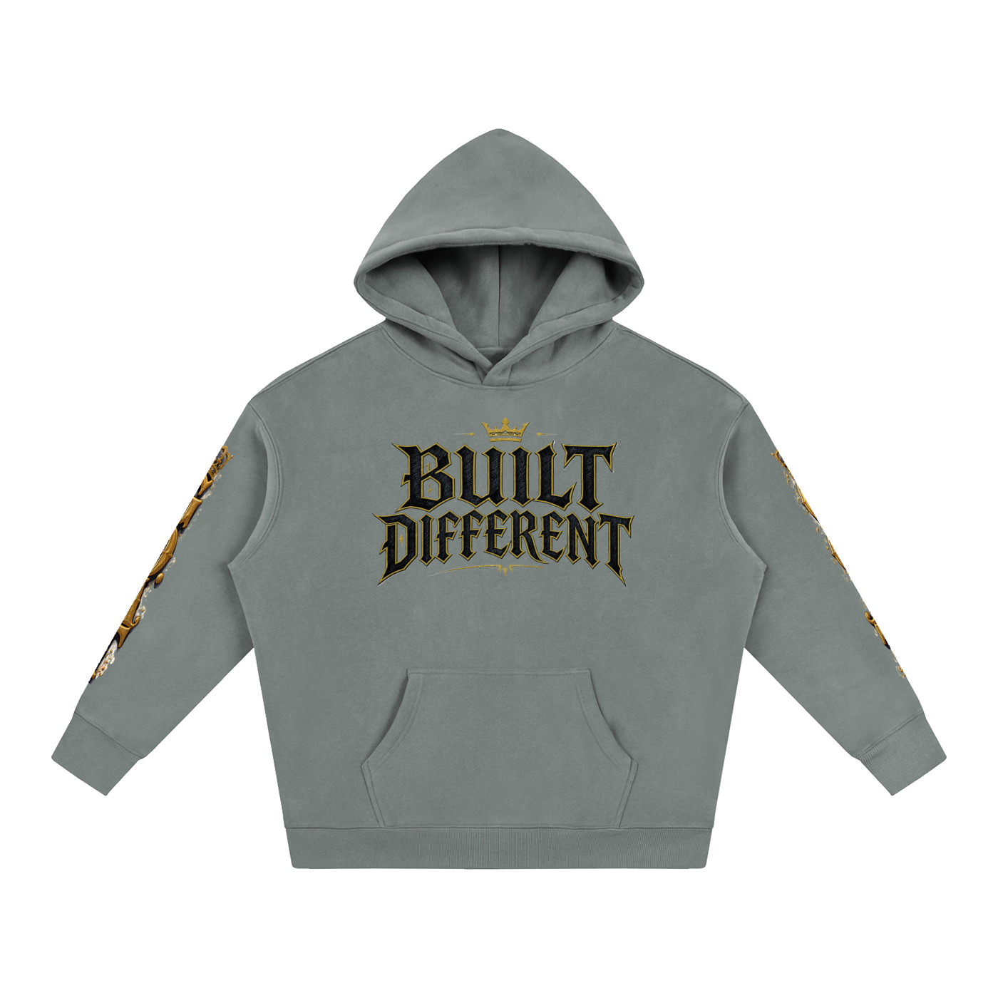 Oversized fleece hoodie, gray, front print, hood and kangaroo pocket