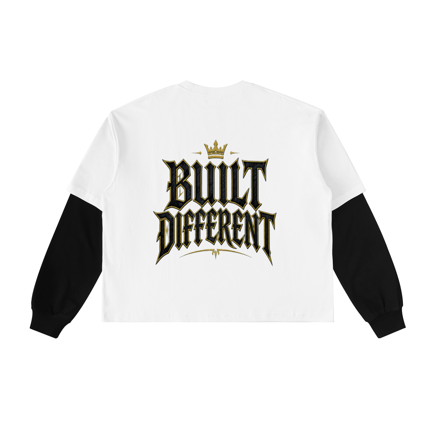 White long sleeve tee with black sleeves and Built Different back graphic