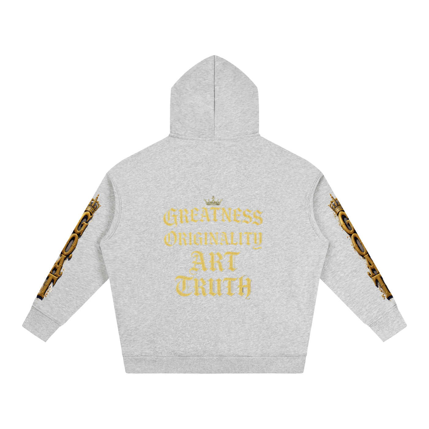 Light gray oversized fleece hoodie, back graphic "Greatness Originality Art Truth"