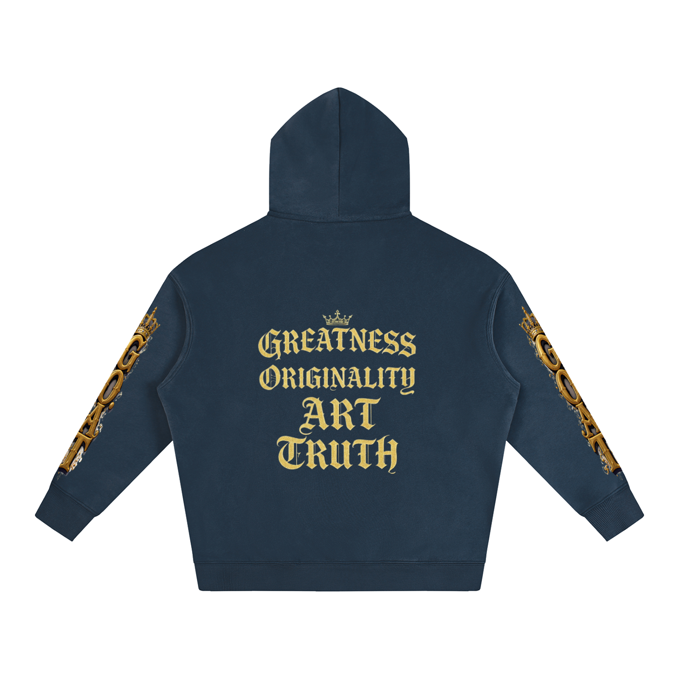 Dark blue oversized fleece hoodie, back graphic text, hood, and gold sleeve print