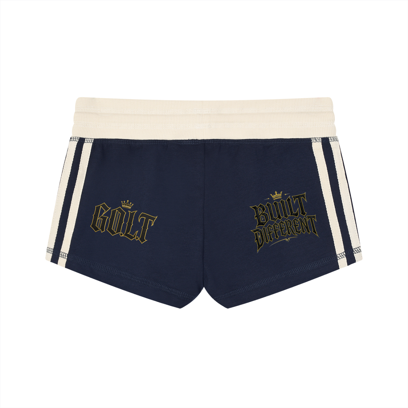 Women’s running track shorts in navy with white contrast stripes and gold logo prints