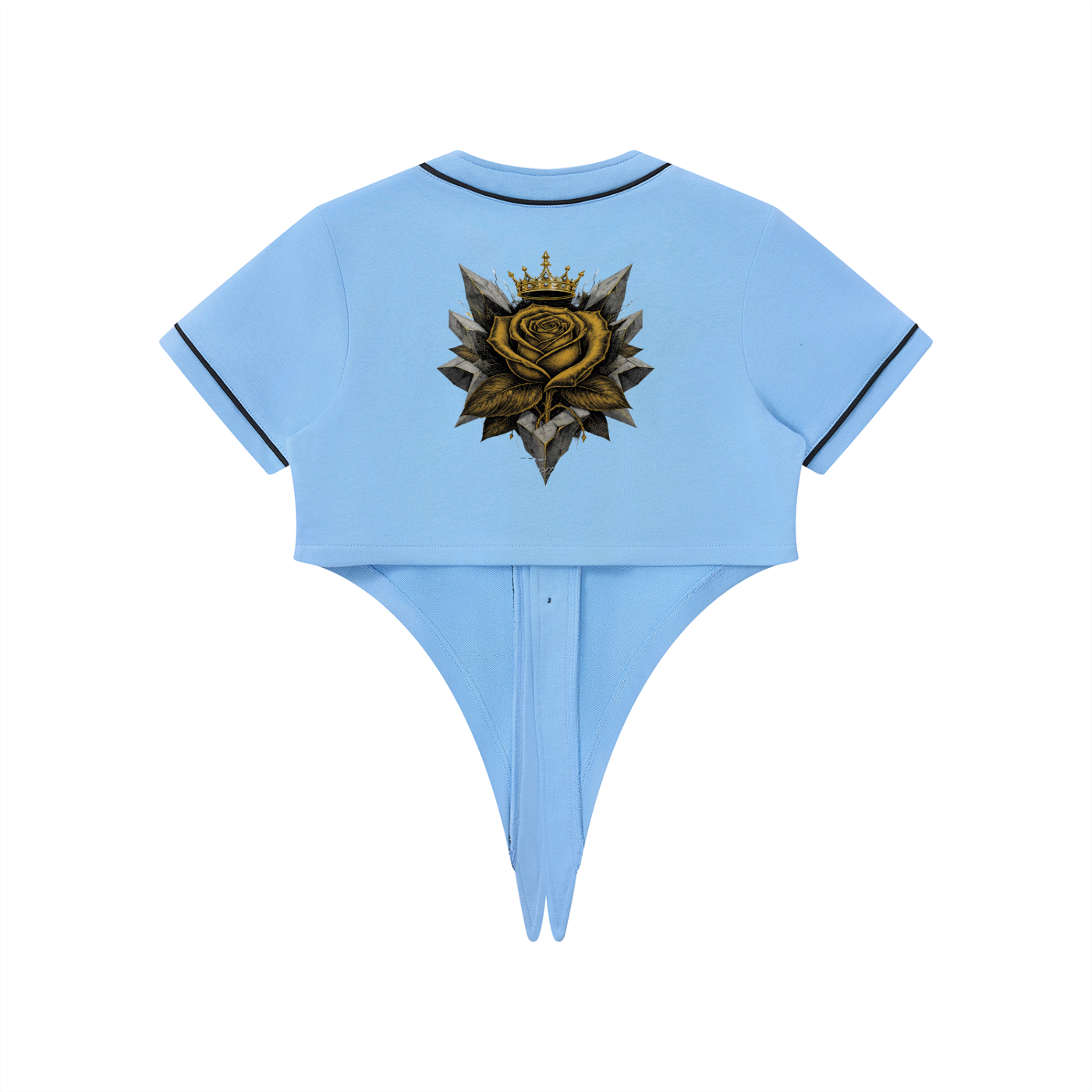 Sky blue cropped baseball jersey back view with gold rose crest centered and black collar trim.