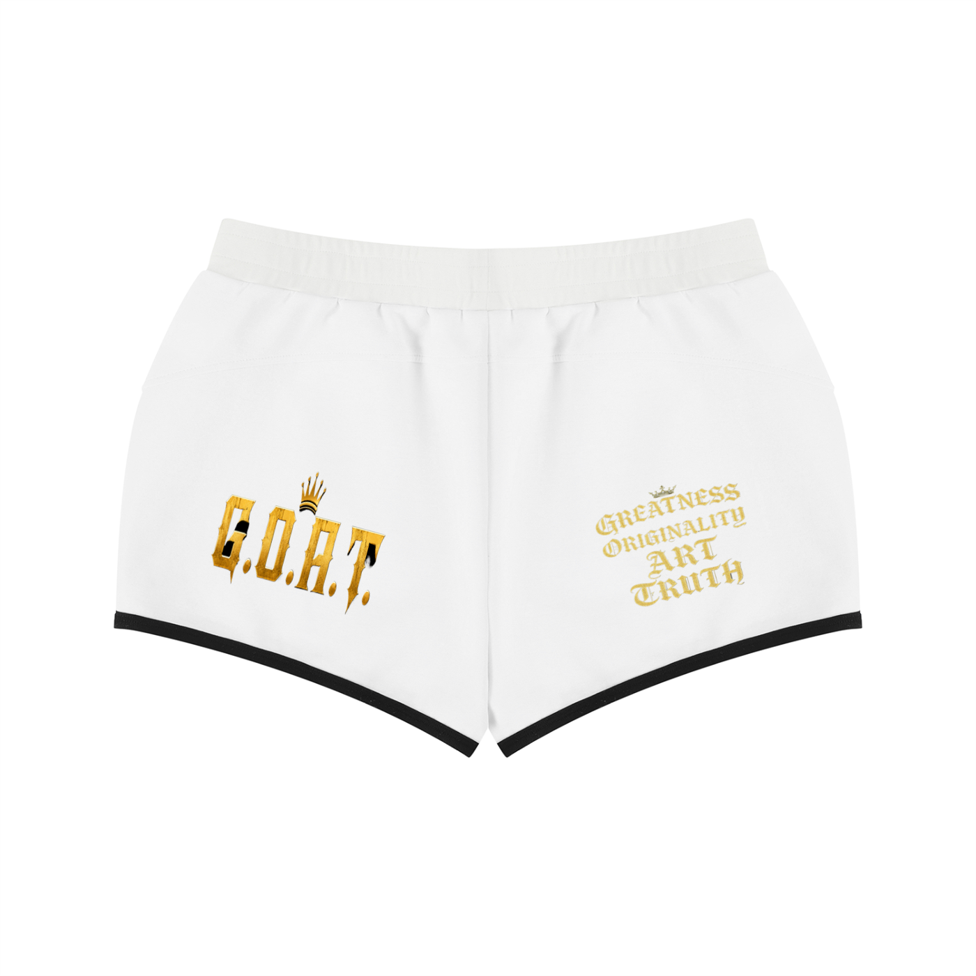 White women’s retro shorts with black trim and G.O.A.T plus “Greatness Original Art Truth”