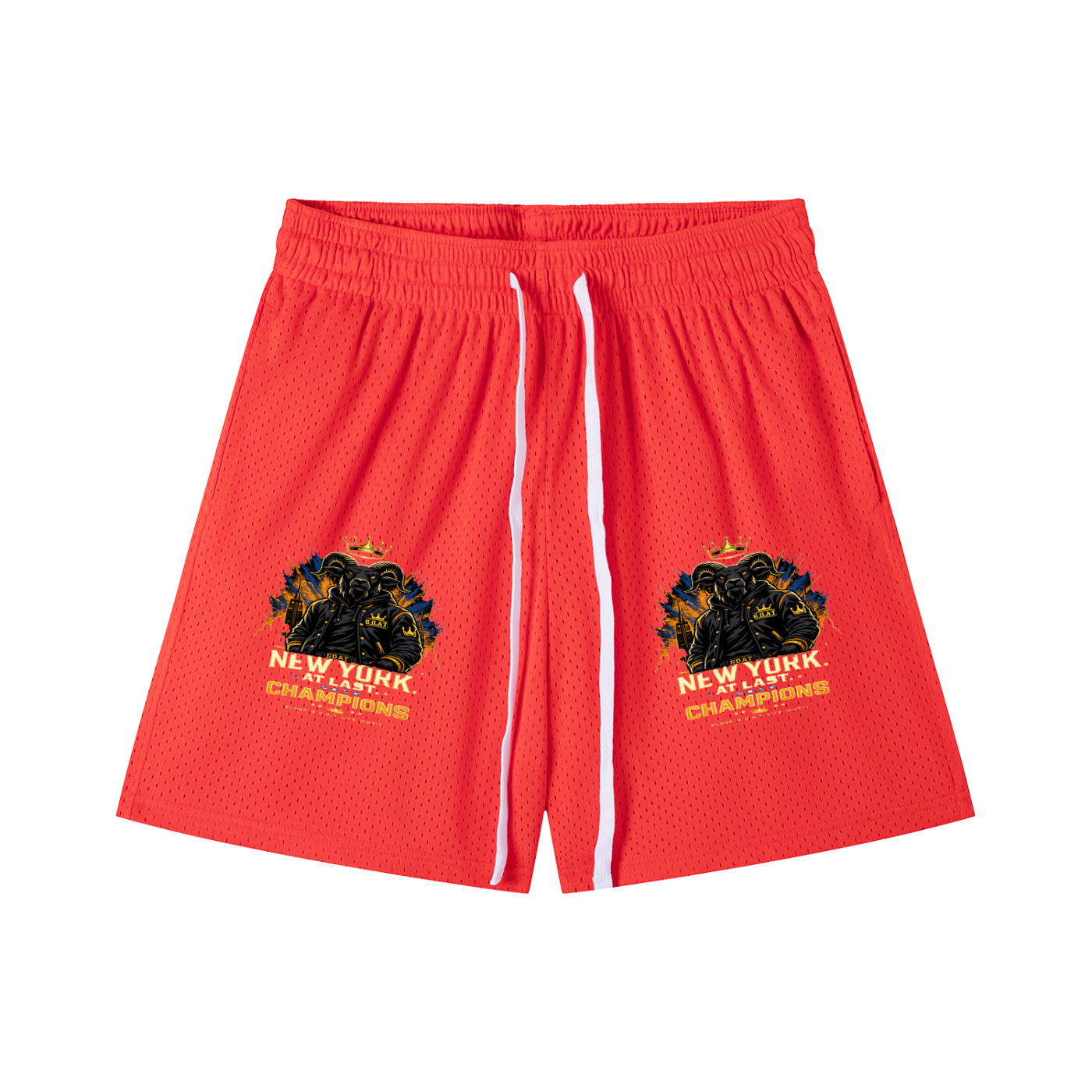 Orange mesh drawstring shorts with front New York Champions graphic