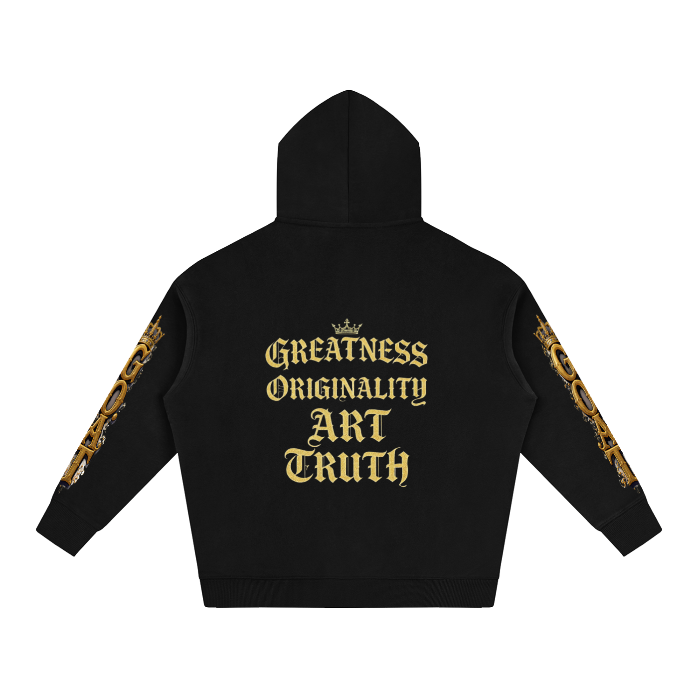 Black oversized fleece hoodie, back graphic 'Greatness' with gold sleeve trim