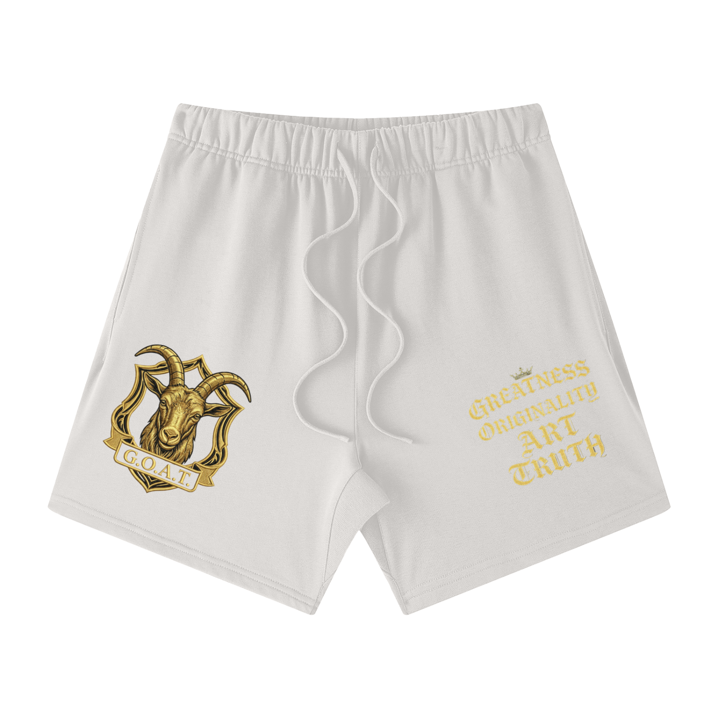 Unisex cotton shorts, light gray, elastic waistband, gold logo and slogan graphic.