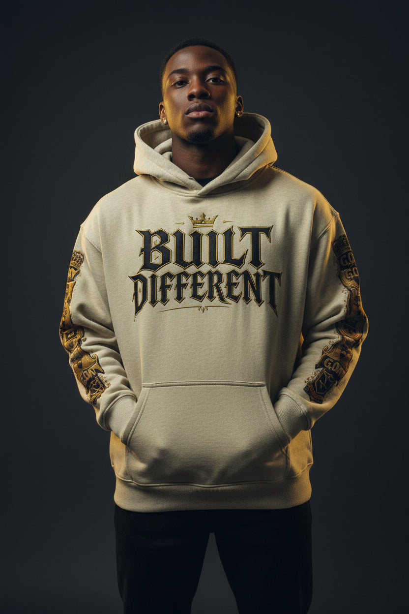 Oversized fleece hoodie in light beige, front logo graphic and kangaroo pocket