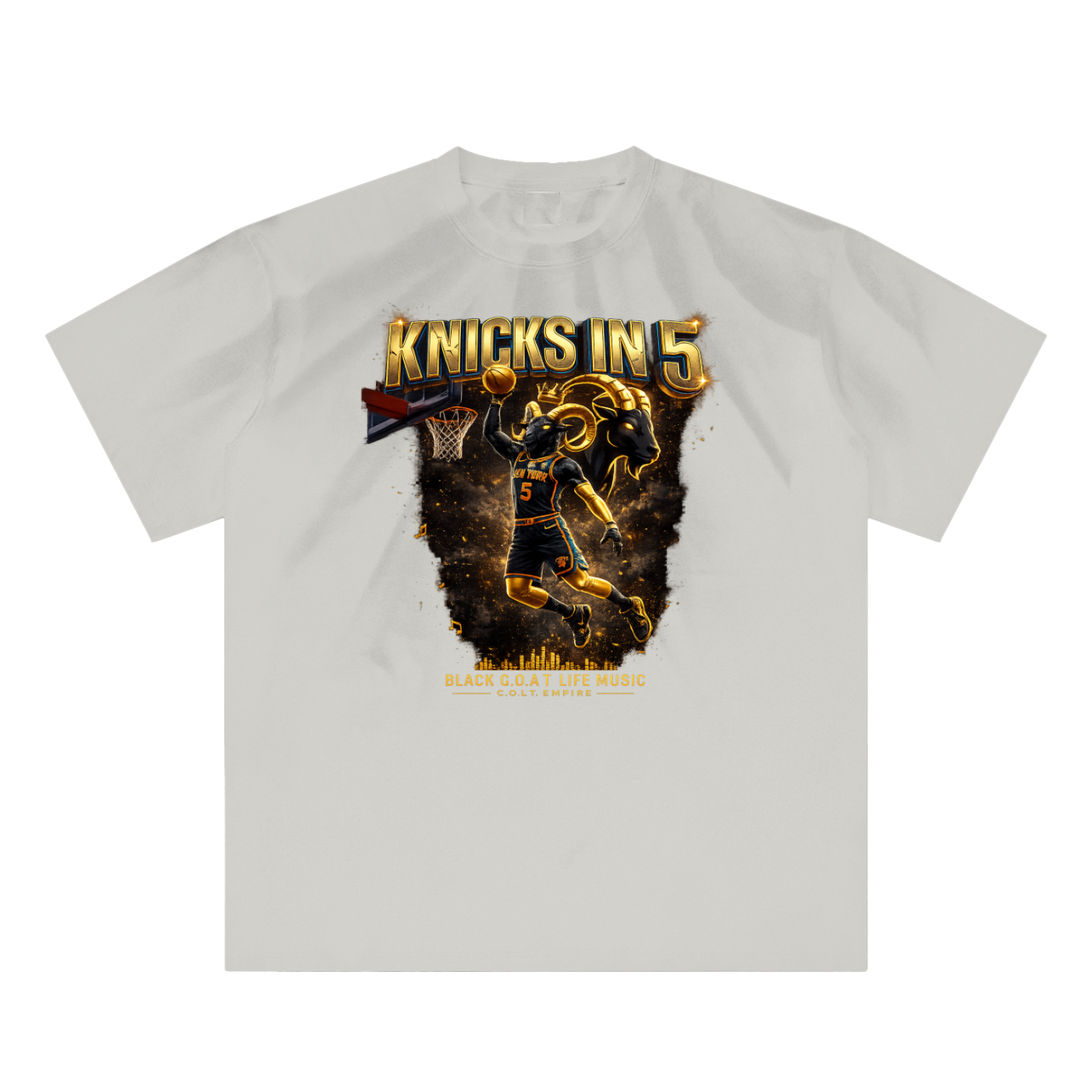Light gray sunfade crewneck T-shirt with Knicks In Five front graphic print.