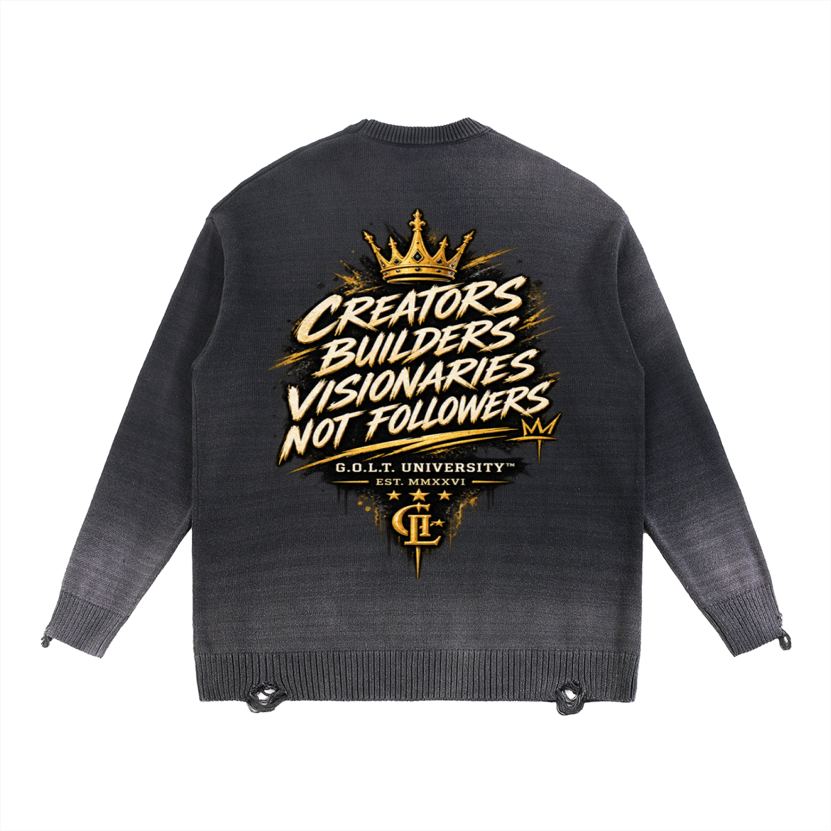 Charcoal distressed crewneck sweatshirt with back G.O.L.T slogan graphic