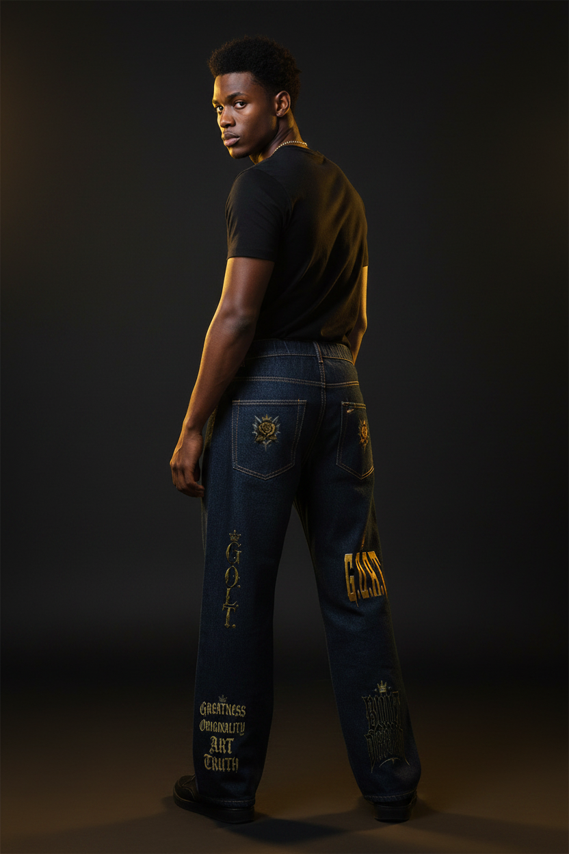 Men's navy barrel-leg jeans, side view, with gold emblem and text embroidery, button fly