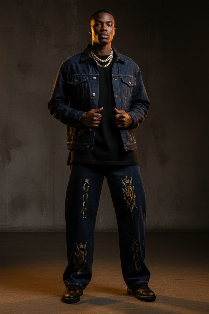 Men's navy barrel-leg jeans with gold graphic patches and distressed vintage wash, button fly