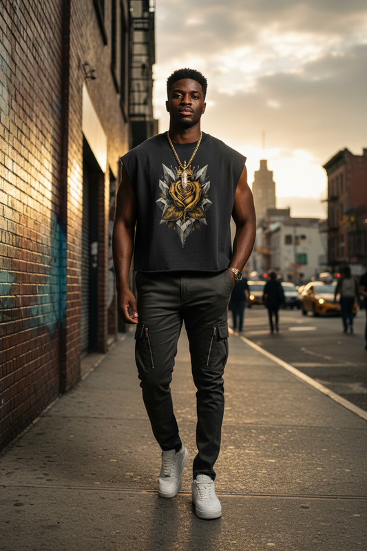 Black French terry boxy tank top with gold rose-and-crown front graphic