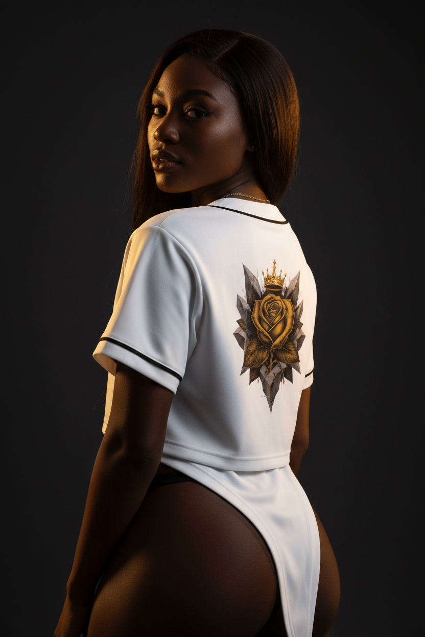 White cropped baseball jersey back on model with gold rose crest and black collar trim, short sleeves.