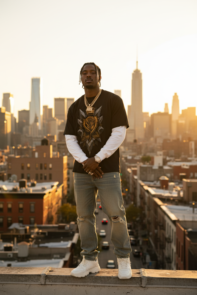 Model wearing black long-sleeve tee with white sleeves and gold emblem graphic