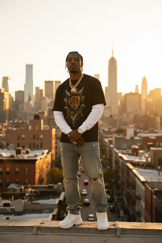 Model wearing black long-sleeve tee with white sleeves and gold emblem graphic