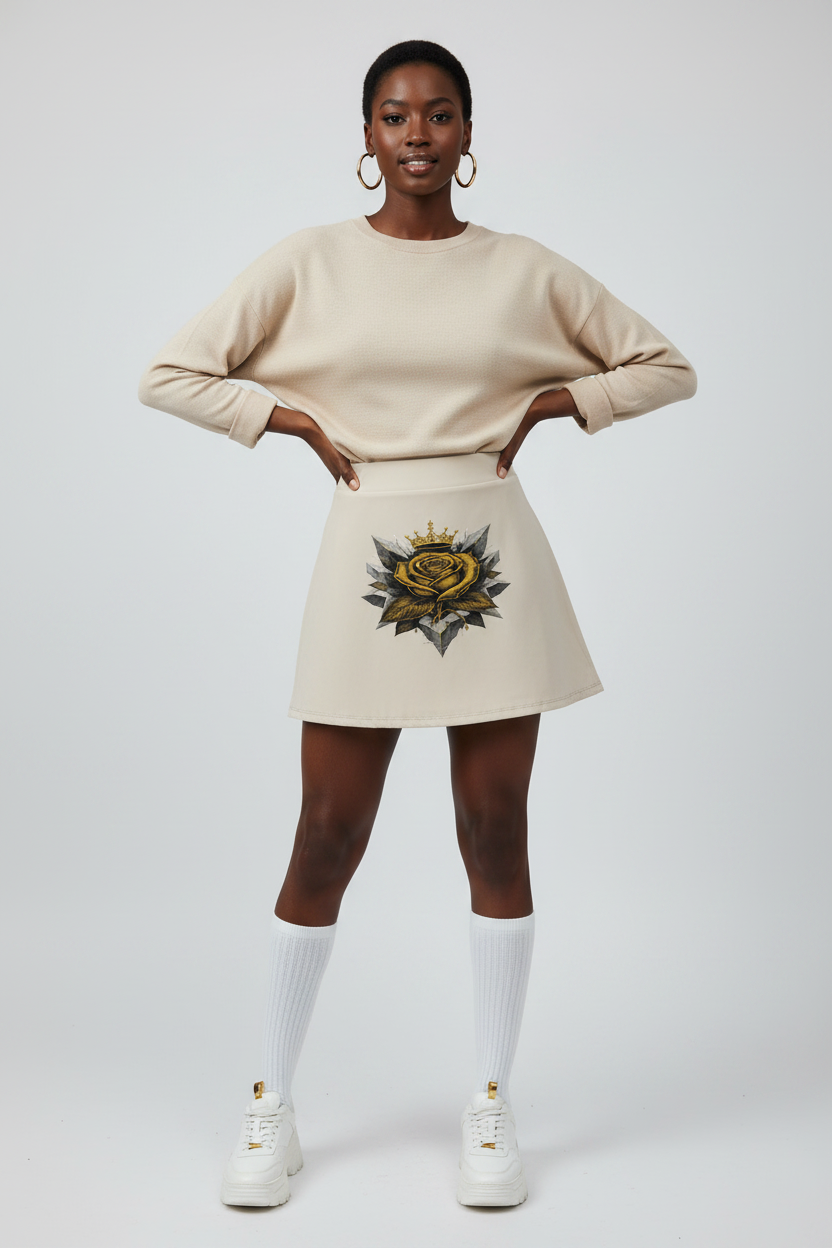 Light coffee high-waist A-line mini skirt with gold rose emblem graphic on front