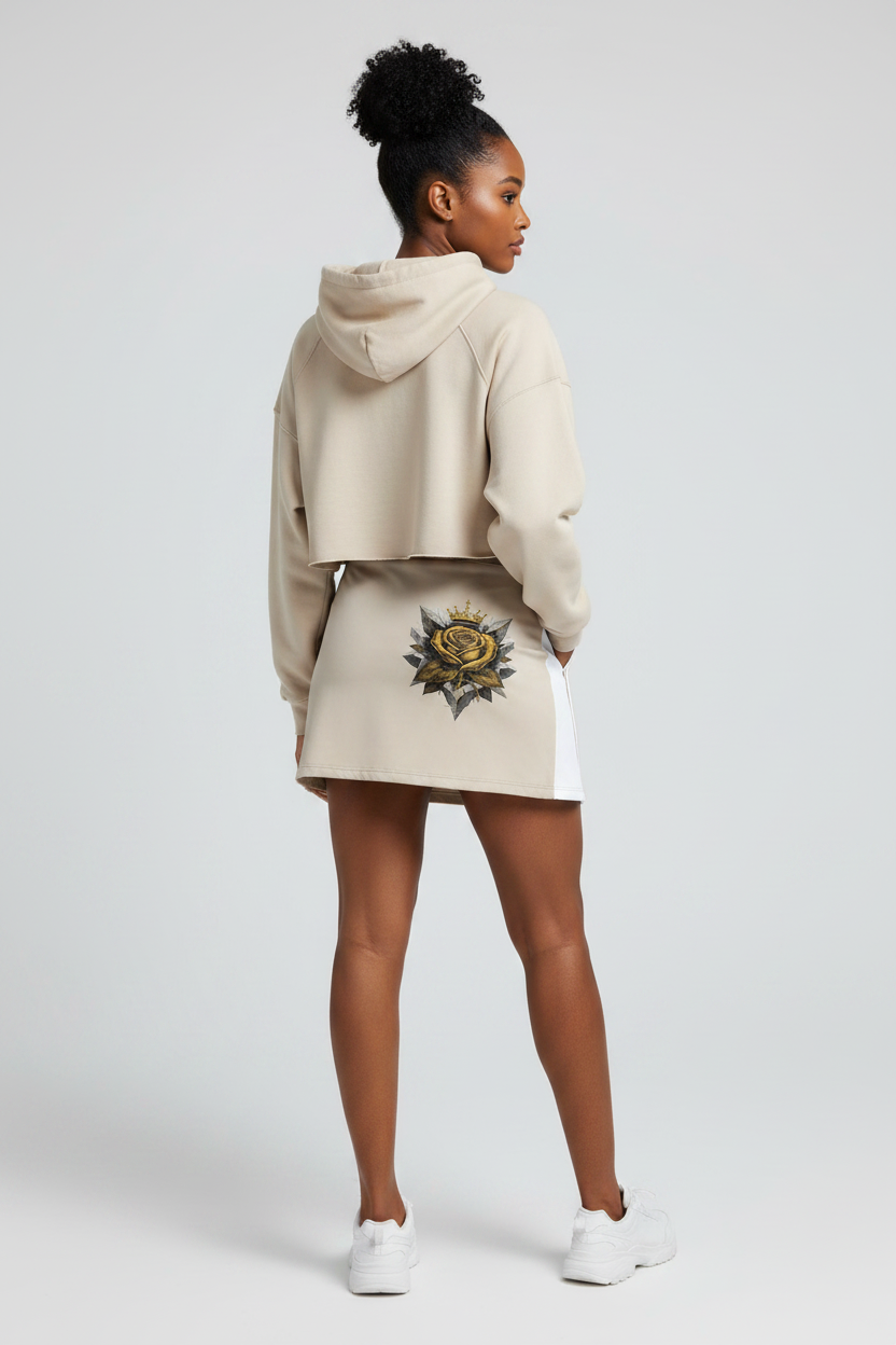 Light coffee high-waist A-line mini skirt with gold rose emblem