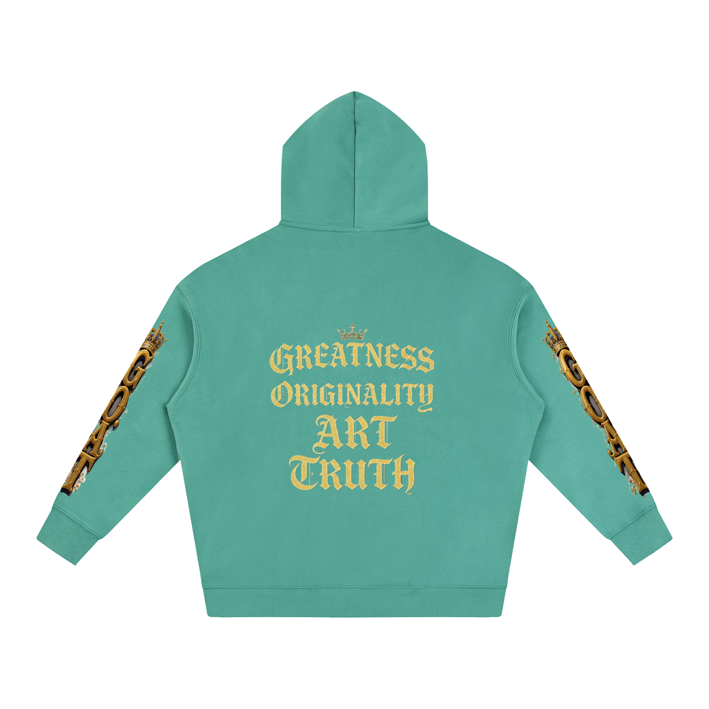 Teal oversized fleece hoodie, back graphic "Greatness Originality Art Truth"