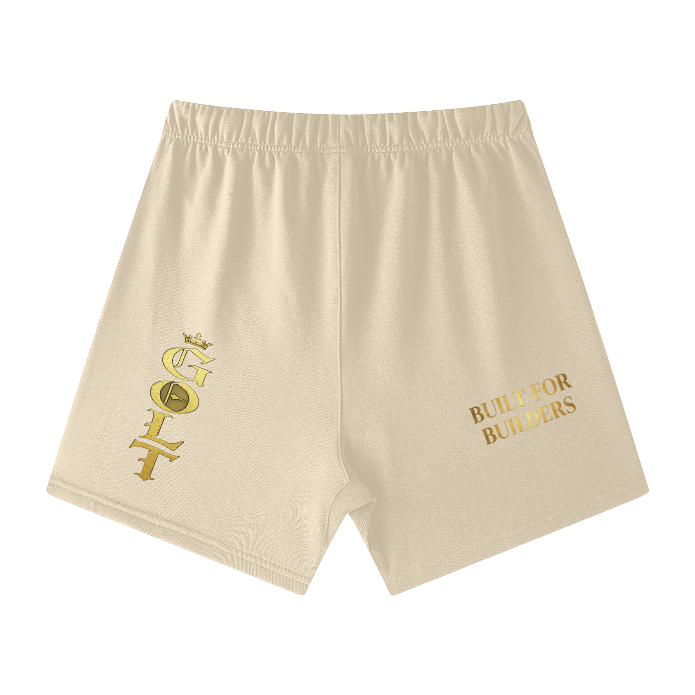 Unisex cream cotton shorts with elastic waistband and gold side logo and text