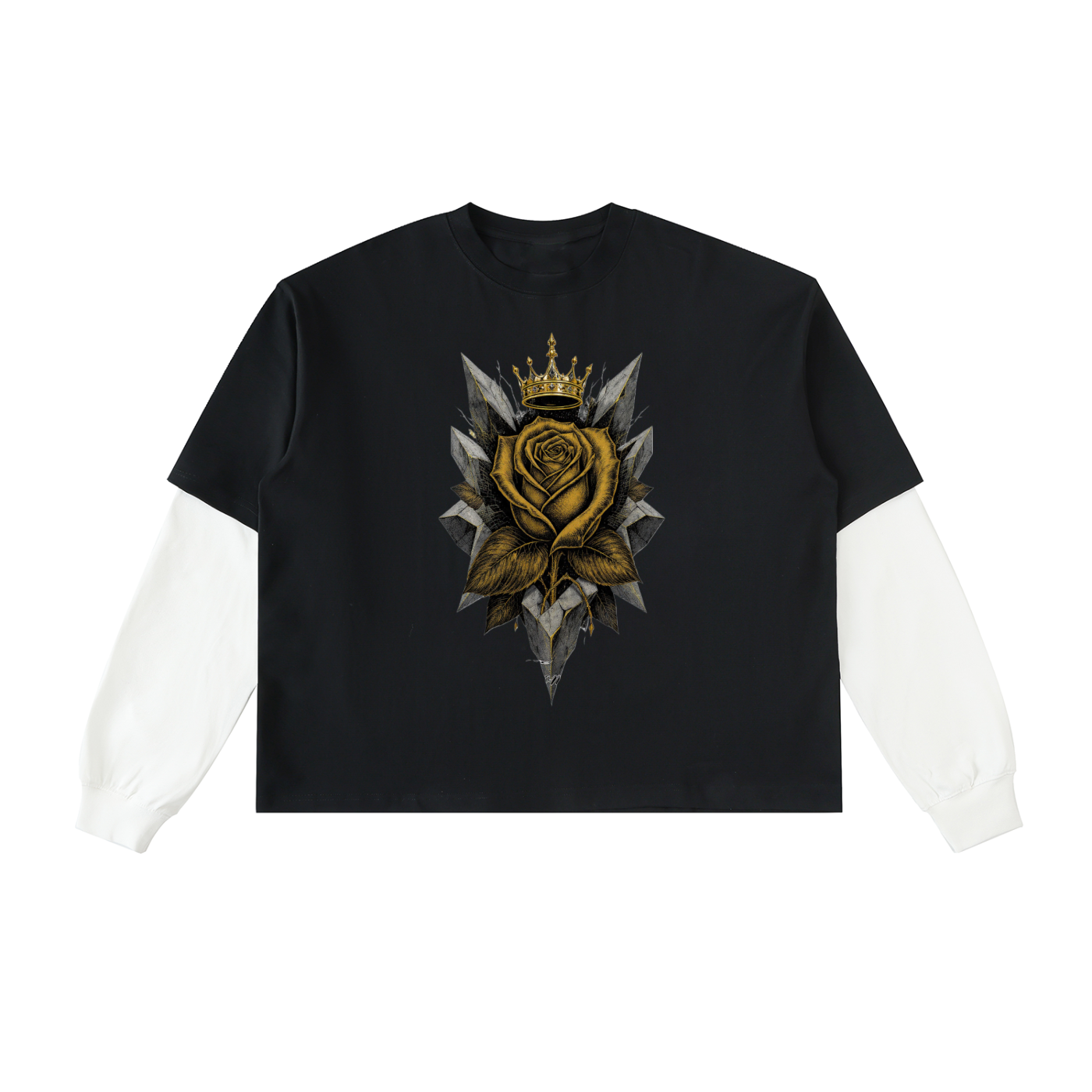 Black long-sleeve tee with white sleeves and gold rose emblem graphic on chest