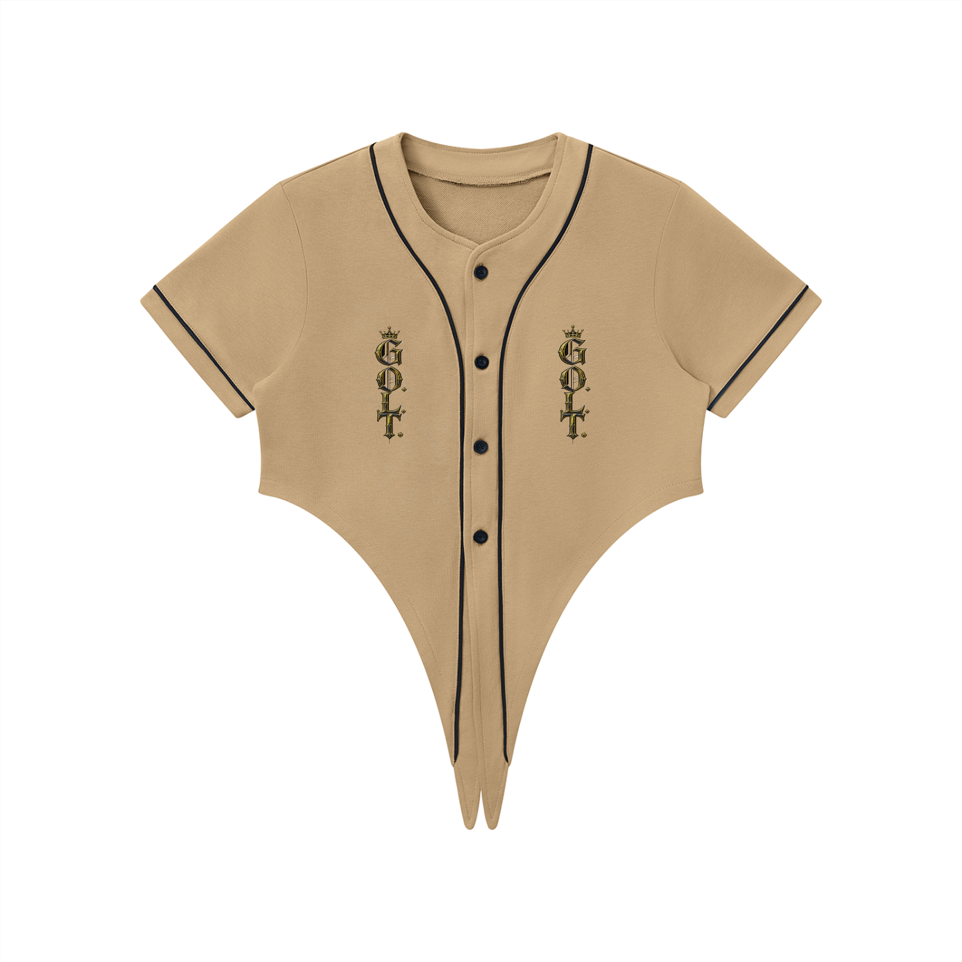 Coffee brown cropped baseball jersey with black piping, button placket, and crest graphic on chest.