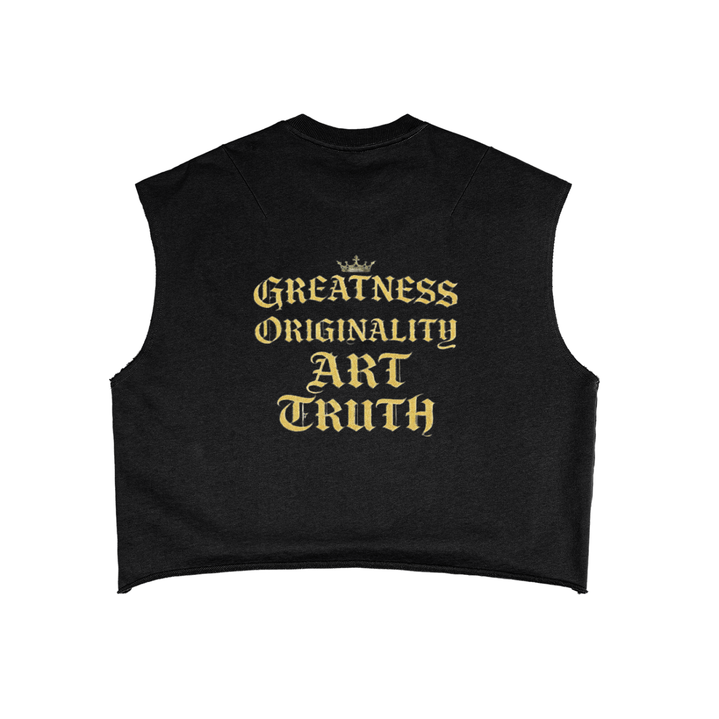 Black French terry boxy tank top with gold 'Greatness Originality Art Truth' print