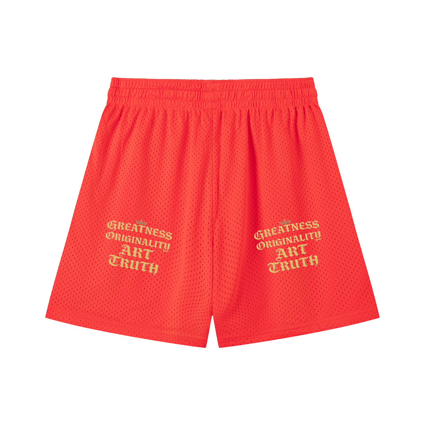 Orange mesh drawstring shorts with printed wordmark text on both legs