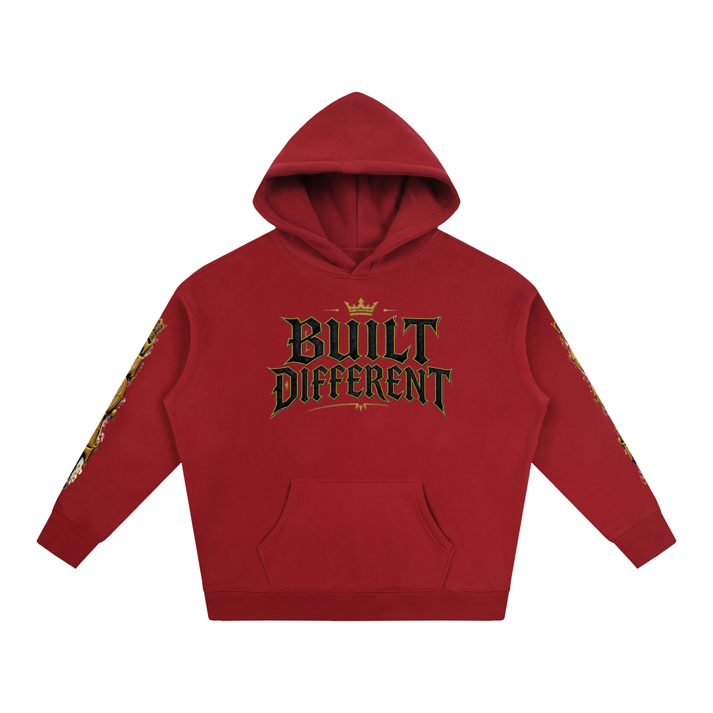 Red oversized fleece hoodie, front text "Built Different" with kangaroo pocket