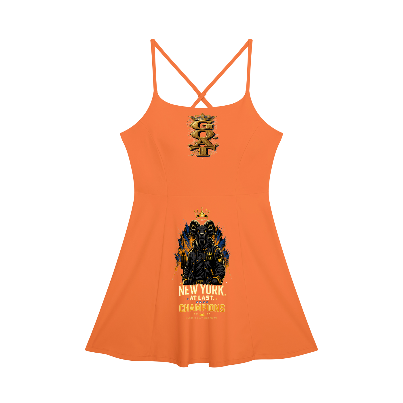 Orange women's A-line tank dress with front graphic print and crisscross straps