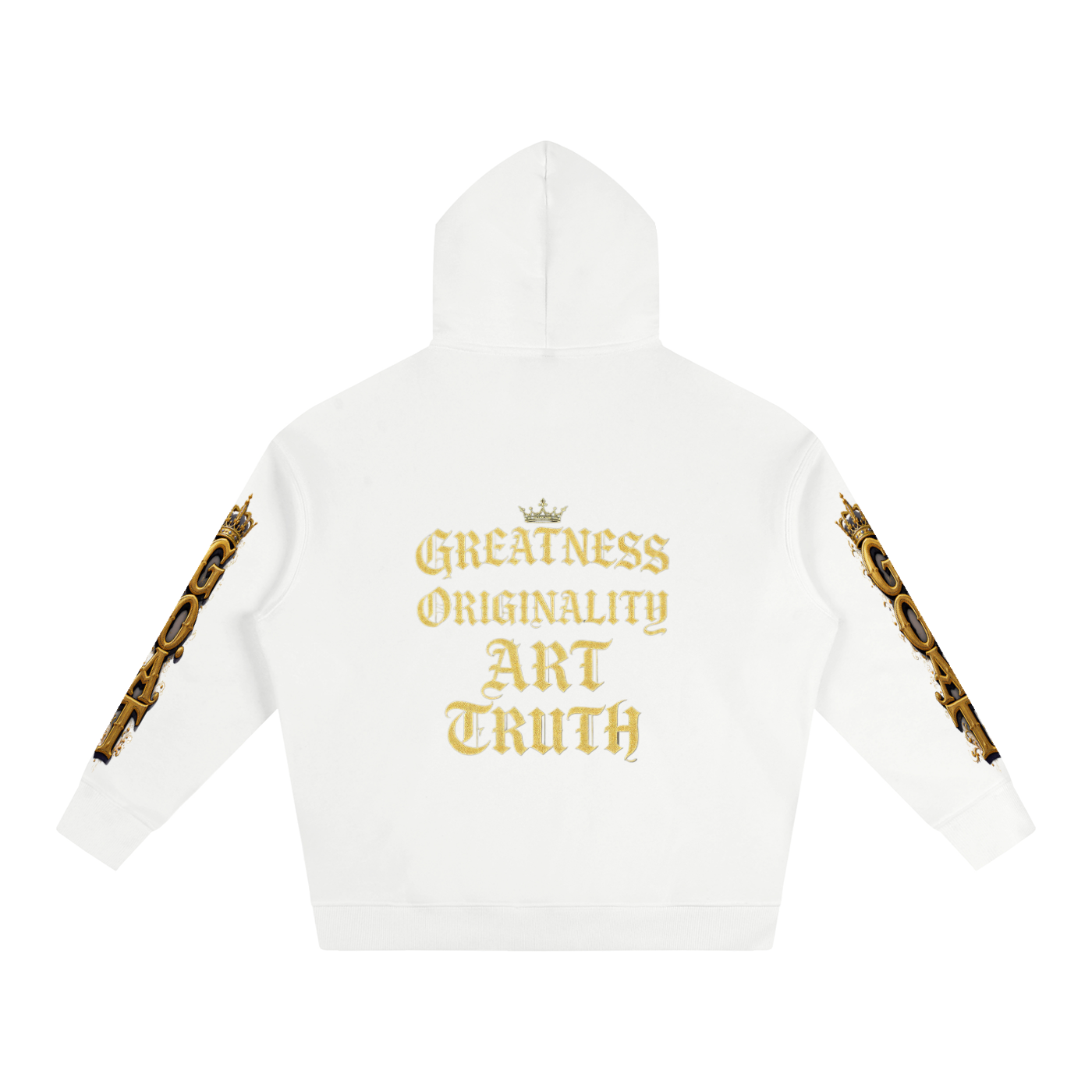 White oversized fleece hoodie, back graphic 'Art Truth' with gold sleeve trim