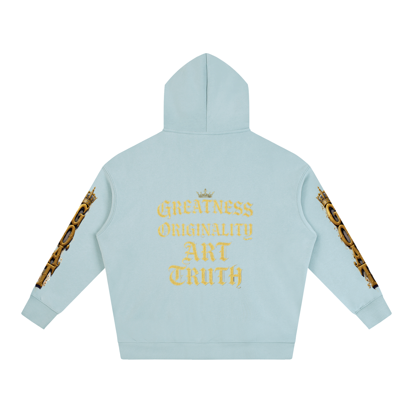 Oversized fleece hoodie, light blue, back print, hood and kangaroo pocket