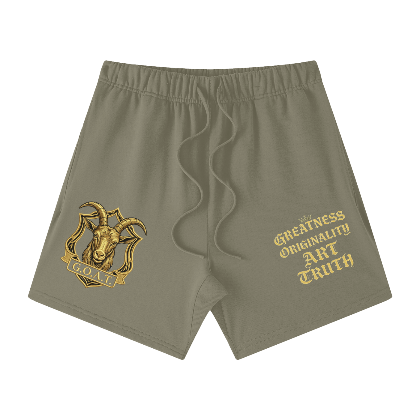 Unisex olive-green cotton shorts with elastic waistband and gold goat emblem