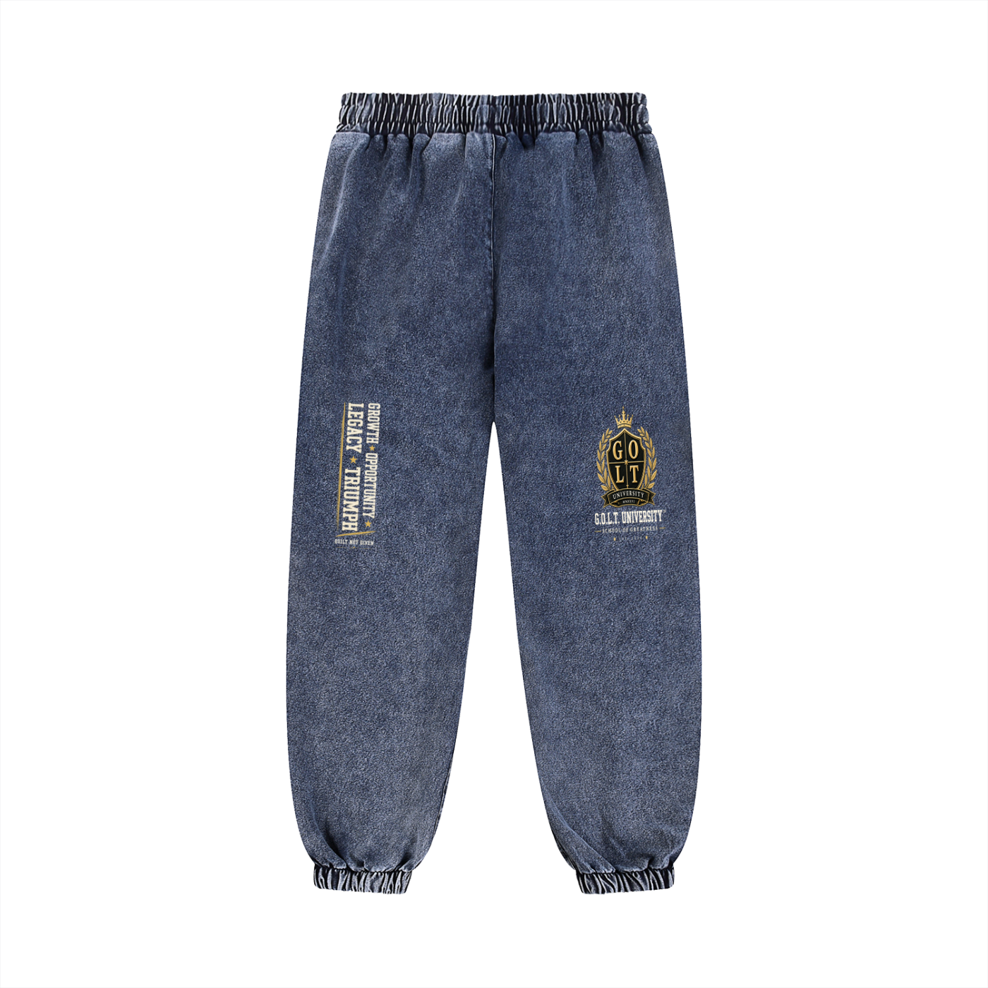 Medium blue snow-wash heavyweight joggers with gold crest graphic and vertical text label