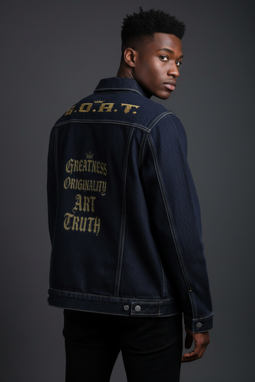 Dark navy denim jacket with gold back print, side profile, button cuffs